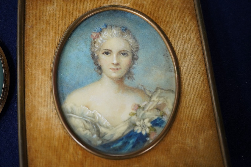 A 19th century, Italian portrait miniature of a lady with flowers, oval watercolour on ivory, indistinctly signed Biagiotti?, housed in an easel frame, together with another, housed in an inlaid and yellow metal pendant